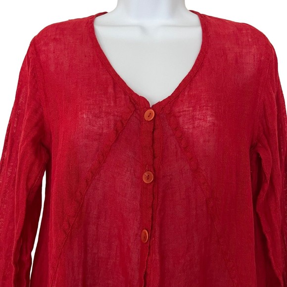 Flax Button Front Tunic Swing Top Red Linen Long Sleeve Lagenlook Womens Small - Picture 2 of 14